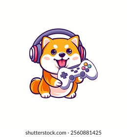 Cute Shiba Inu Dog Gamer Holding Joystick Cartoon