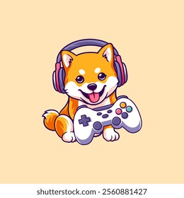 Cute Shiba Inu Dog Gamer Holding Joystick Cartoon