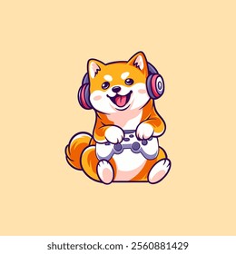 Cute Shiba Inu Dog Gamer Holding Joystick Cartoon