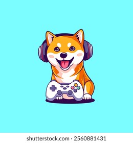 Cute Shiba Inu Dog Gamer Holding Joystick Cartoon