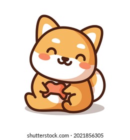 Cute Shiba Inu Dog Gaming Cartoon Vector Icon Illustration. Animal Technology Icon Concept Isolated Premium Vector. Flat Cartoon Style