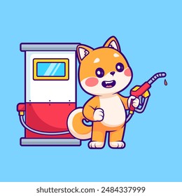 Cute Shiba Inu Dog In Gas Station Cartoon Vector Icon Illustration. Animal Nature Icon Concept Isolated Premium Vector. Flat Cartoon Style