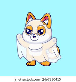 Cute Shiba Inu Dog Ghost Cartoon Vector Icon Illustration. Animal Holiday Icon Concept Isolated Premium Vector. Flat Cartoon Style