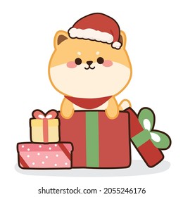 Cute shiba inu dog in gift box cartoon on white background.Merry christmas and happy new year.Animal character design.Pet.Image for card,logo,banner,baby cloth.Isolated.Kawaii.Vector.Illustration.