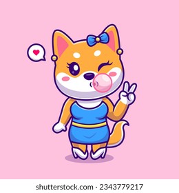 Cute Shiba Inu Dog Girl Blowing Candy Bubble Gum Cartoon Vector Icon Illustration. Animal Food Icon Concept Isolated Premium Vector. Flat Cartoon Style