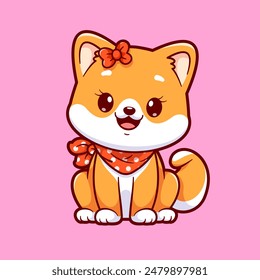 Cute Shiba Inu Dog Girl Wearing Hairpin Cartoon Vector Icon Illustration. Animal Nature Icon Concept Isolated Premium Vector. Flat Cartoon Style