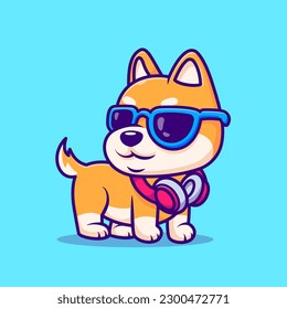 Cute Shiba Inu Dog with Glasses and Headphone Cartoon Vector Icon Illustration. Animal Holiday Icon Concept Isolated Premium Vector. Flat Cartoon Style