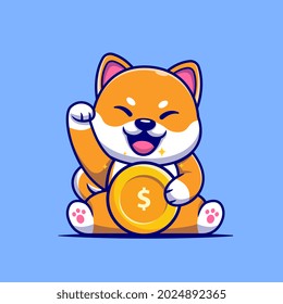 Cute Shiba Inu Dog With Gold Coin Cartoon Vector Icon Illustration. Animal Business Icon Concept Isolated Premium Vector. Flat Cartoon Style