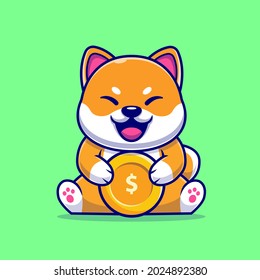 Cute Shiba Inu Dog With Gold Coin Cartoon Vector Icon Illustration. Animal Business Icon Concept Isolated Premium Vector. Flat Cartoon Style