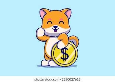 Cute Shiba Inu Dog with Gold Coins Vector