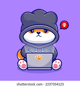 Cute Shiba Inu Dog Hacker Operating Laptop Cartoon Vector Icon Illustration. Animal Technology Icon Concept Isolated Premium Vector. Flat Cartoon Style