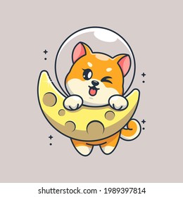 Cute shiba inu dog hanging on the moon cartoon