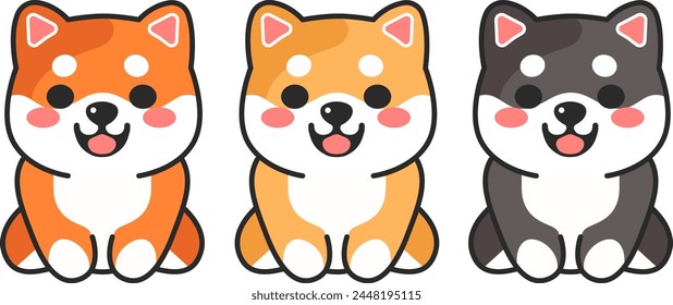 Perro lindo de Shiba Inu. Conjunto de ilustración de icono de Vector de dibujos animados feliz. Estilo plano de la historieta.