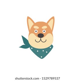 Cute shiba inu dog head with green scarf bandana - flat cartoon head of Japanese animal with smile on its face. Vector illustration isolated on white background.