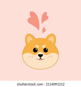 Cute shiba inu dog with hearts on light pink background. Vector illustration.