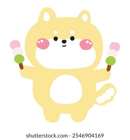 Lindo shiba inu perro hold dango es postre japonés.Panadería.Dulce.Mascota diseño de dibujos animados de carácter animal.Kawaii.Vector.Ilustración. 