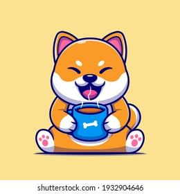 Cute Shiba Inu Dog Holding Hot Coffee Cup Cartoon Vector Icon Illustration. Animal Drink Icon Concept Isolated Premium Vector. Flat Cartoon Style