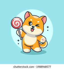 Cute shiba inu Hund, der einen Lollipop-Cartoon hält