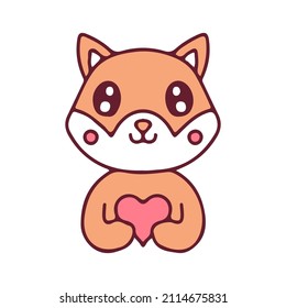 Cute shiba inu dog holding a little heart. Illustration for sticker and t shirt.