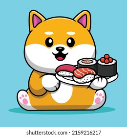 Cute Shiba Inu Dog Holding Sushi Cartoon Vector Icon Illustration. Animal Food Icon Concept Isolated Premium Vector.