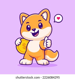 Perro De La Cuta Shiba Inu Con Moneda De Oro Y Pulgares Arriba Ilustración Del Vector De Caricaturas. El Vector Premium Aislado Es Un Concepto De Icono De La Financiación Animal. Estilo de dibujo plano