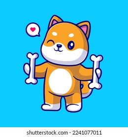 Cute Shiba Inu Dog Holding Bone Cartoon Vector Icon Illustration. Animal Nature Icon Concept Isolated Premium Vector. Flat Cartoon Style