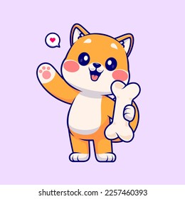 Perro Cute Shiba Inu Con Icono Del Vector De Caricatura Ósea Ilustración. Concepto de icono de la naturaleza animal Vector Premium aislado. Estilo de dibujo plano