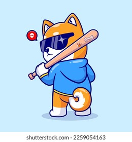 Perro Cute Shiba Inu sosteniendo Ilustración del Vector De Caricatura Del Bate De Béisbol. Vector Premium Aislado De Icono De Deportes Animales. Estilo de dibujo plano