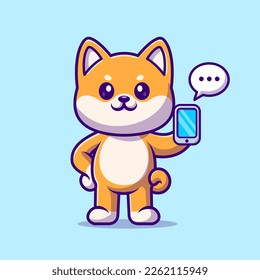 Cute Shiba Inu Dog Holding Phone Cartoon Vector Icon Illustration. Animal Technology Icon Concept Isolated Premium Vector. Flat Cartoon Style