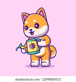 Cute Shiba Inu Dog Holding Watering Plant Cartoon Vector Icon Illustration. Animal Nature Icon Concept Isolated Premium Vector. Flat Cartoon Style