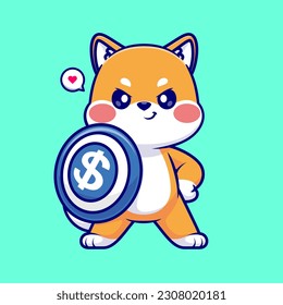 Cute Shiba Inu Dog Holding Shield Money Cartoon Vector Icon Illustration. Animal Finance Icon Concept Isolated Premium Vector. Flat Cartoon Style