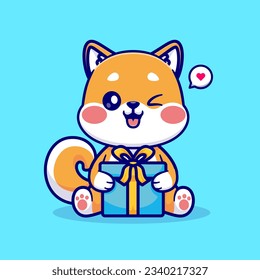 Cute Shiba Inu Dog Holding Gift Box Cartoon Vector Icon Illustration. Animal Holiday Icon Concept Isolated Premium Vector. Flat Cartoon Style