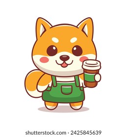 Cute shiba inu dog holding coffee cup, coffee shop mascot logo