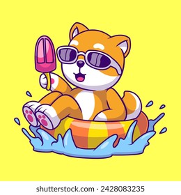 Cute Shiba Inu Dog Holding Ice Cream On Tires Balloon Cartoon Vector Icons Illustration. Flat Cartoon Concept. Suitable for any creative project.