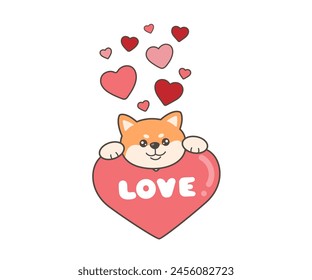 lindo perro shiba inu sosteniendo un gran corazón en sus patas