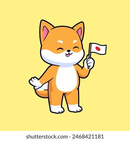 Lindo perro shiba inu sosteniendo la bandera de Japón Vector ilustración de dibujos animados