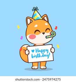 Lindo Shiba Inu Perro Que Sostiene El Anuncio Fiesta De Cumpleaños Ilustración Del Vector De Dibujos Animados. Animal Festiva Icon Concept Aislado Premium Vector. Estilo plano de dibujos animados