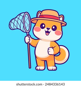 Cute Shiba Inu Dog Holding Fishing Net Cartoon Vector Icon Illustration. Animal Nature Icon Concept Isolated Premium Vector. Flat Cartoon Style