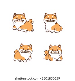 Lindo perro shiba inu que sostiene el juguete en la colección de la historieta de la boca, Ilustración vectorial