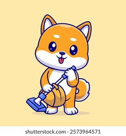 Cute Shiba Inu Dog Holding Vacuum Cleaner Cartoon Vector 
Icon Illustration. Animal Technology Icon Concept Isolated 
Premium Vector. Flat Cartoon Style 