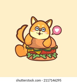 Cute Shiba inu dog hug a big burger cartoon flat minimalism vector illustration