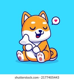 Cute Shiba Inu Dog Hug Bone Cartoon Vector Icon Illustration. Animal Nature Icon Concept Isolated Premium Vector. Flat Cartoon Style
