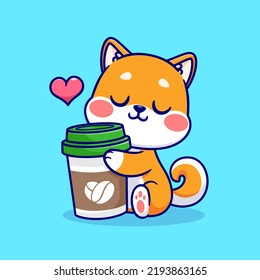 Cute Shiba Inu Dog Hug Coffee Cup Cartoon Vector Icon Illustration. Animal Drink Icon Concept Isolated Premium Vector. Flat Cartoon Style