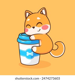 Lindo Shiba Inu Perro Abrazo Taza De Café Ilustración De Icono De Vector De Dibujos Animados. Concepto de icono de bebida animal Vector Premium aislado. Estilo plano de dibujos animados