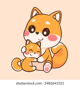 Nette Shiba Inu Hund Umarmung Baby Shiba Inu Hund Cartoon Vektorgrafik Icon Illustration. Animal Natur Icon Concept Isolated Premium Vektorgrafik. Flacher Zeichentrickstil