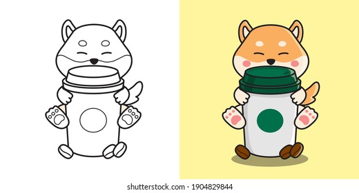 Cute shiba inu dog hugging a hot takeaway coffee cup decorated with coffee bean. Children coloring page. Flat style illustration vector.