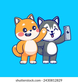 Lindo Shiba Inu Perro Y Husky Perro Selfie Con Ilustración De Icono De Vector De Dibujos Animados Del Teléfono. Icono de tecnología animal concepto aislado Vector Premium. Estilo plano de dibujos animados