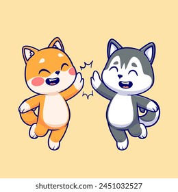 Lindo Shiba Inu Perro Y Husky Perro Alto Cinco Dibujos Animados Ilustración Icono De Vector. Icono de Naturaleza animal concepto de Vector Premium aislado. Estilo plano de dibujos animados