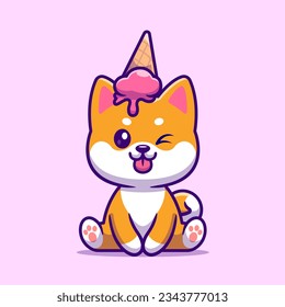 Cute Shiba Inu Dog With Ice Cream Cone Cartoon Vector Icon Illustration. Animal Food Icon Concept Isolated Premium Vector. Flat Cartoon Style