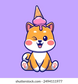 Netter Shiba Inu Hund mit Eiskegel Cartoon Vektorgrafik Icon Illustration. Animal Food Icon Concept Isolated Premium Vektorgrafik. Flacher Zeichentrickstil